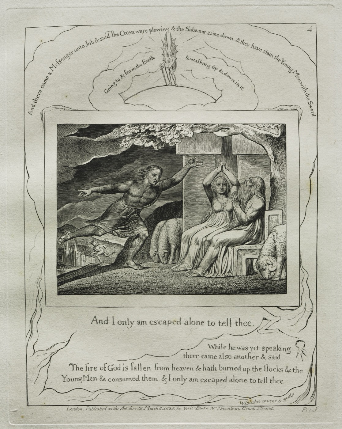 The Book of Job, plate 4: And I only am escaped alone to tell thee, William Blake