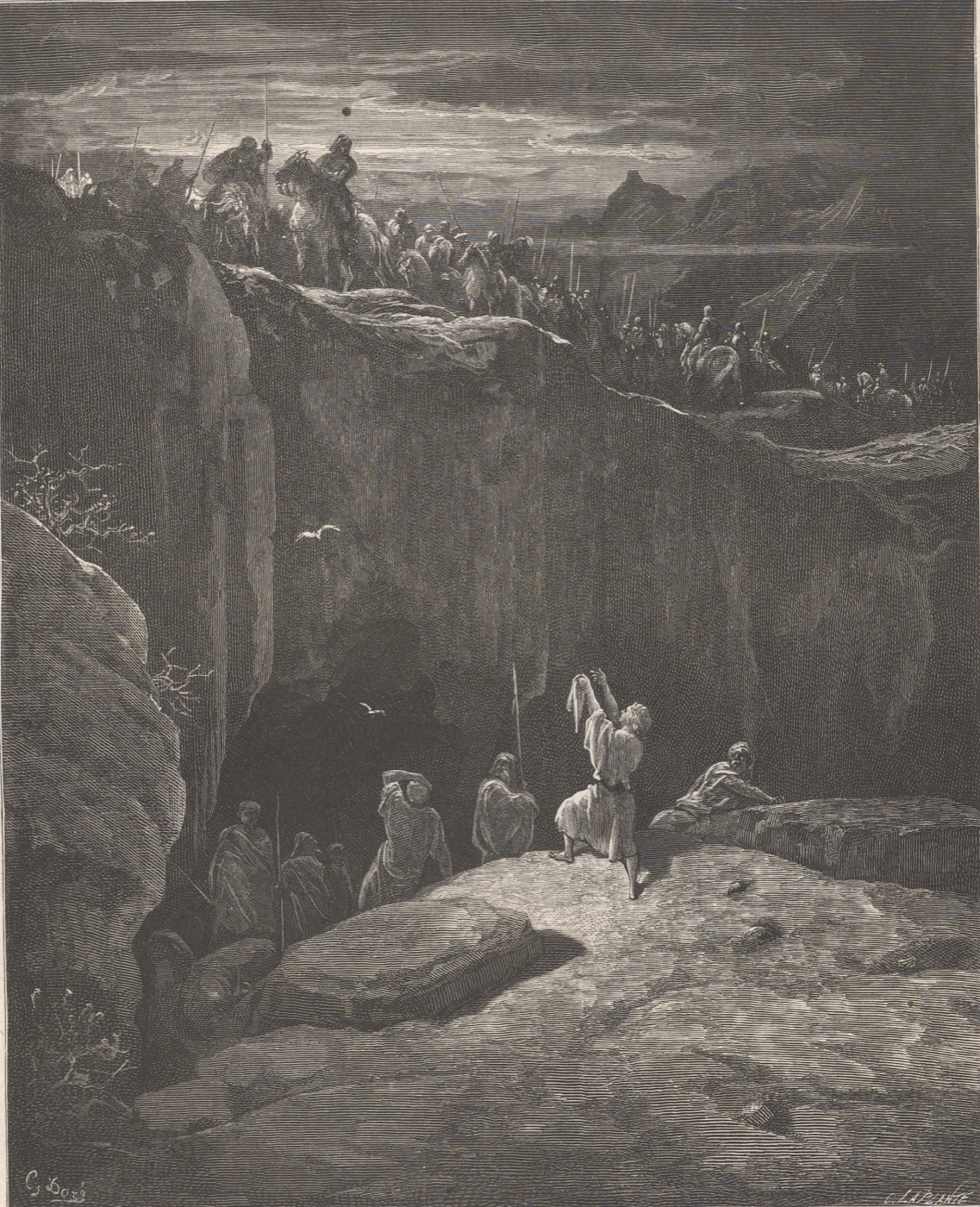 David ukazuje Saulovi, že ho ušetřil, Gustave Doré