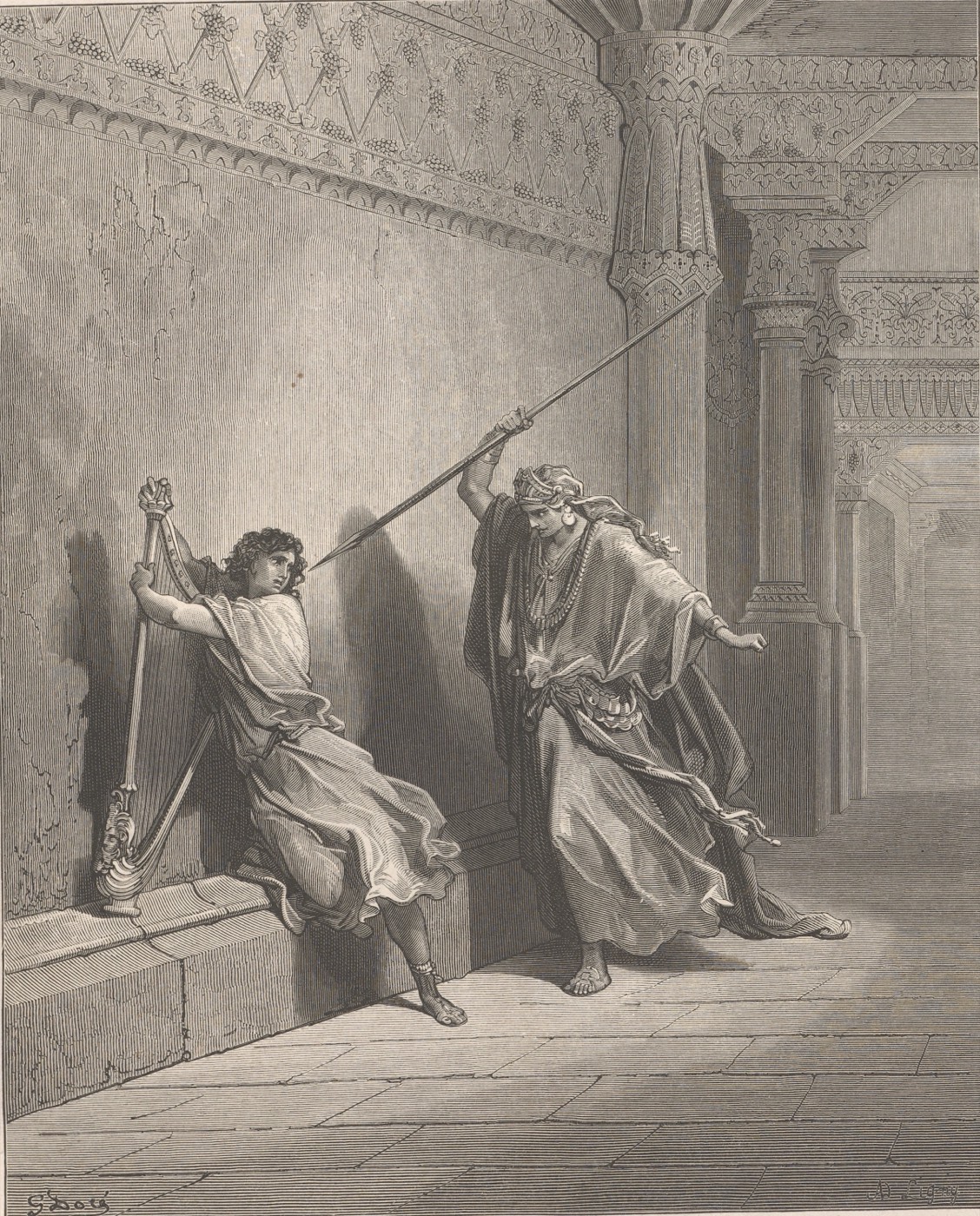 Saul wirft den Spieß nach David, Gustave Doré