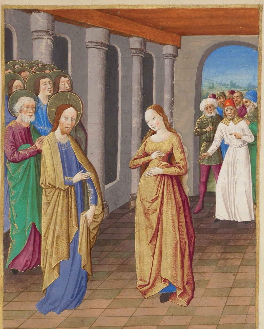 Христос и женщина, взятая в прелюбодеянии (Ms. 25, л. 8, из книги «La Passion de nostre seigneur ihesus christ»), Мастер Гийома Ламбера