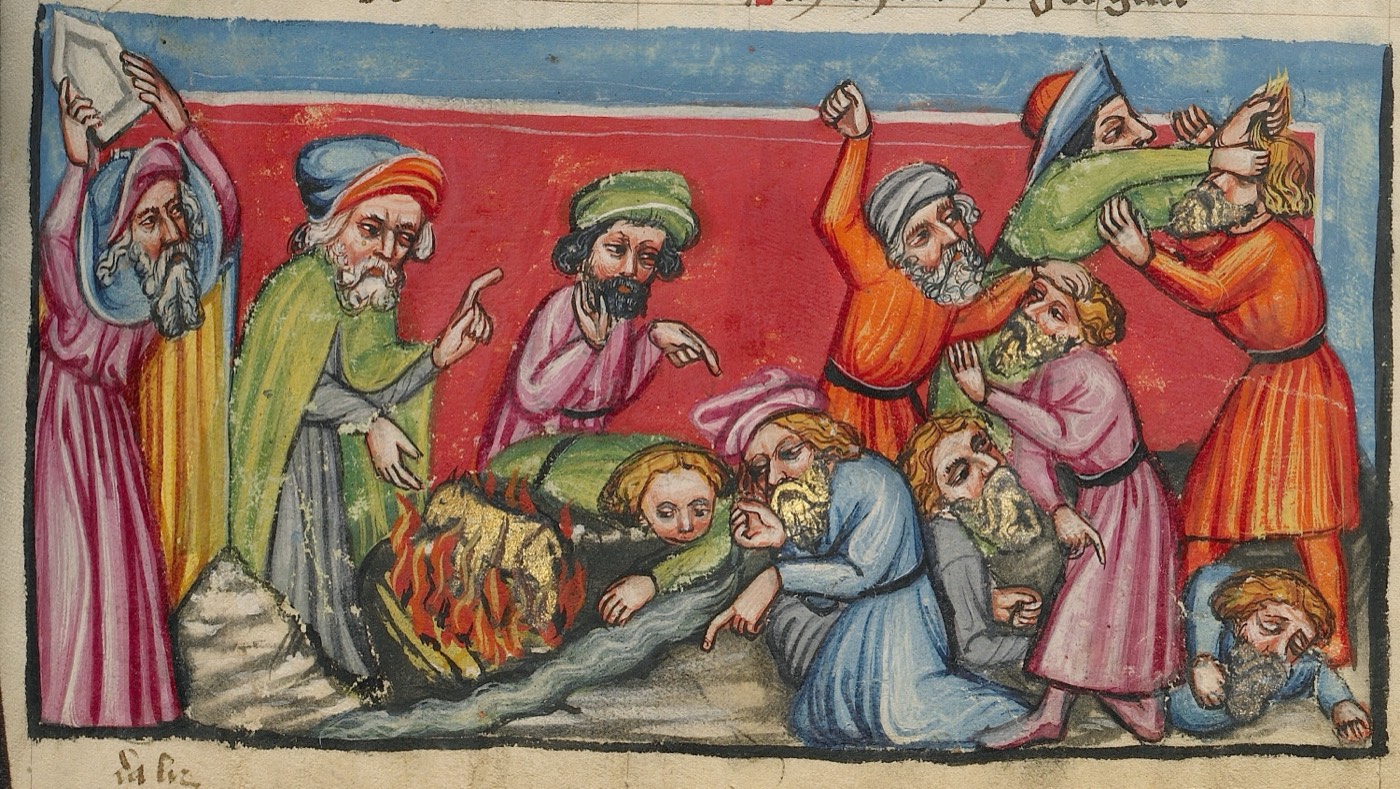 Moses Breaking the Tablets of the Law and Burning the Golden Calf (Ms. 33, fol. 88, from the Weltchronik), Unknown painter, Regensburg