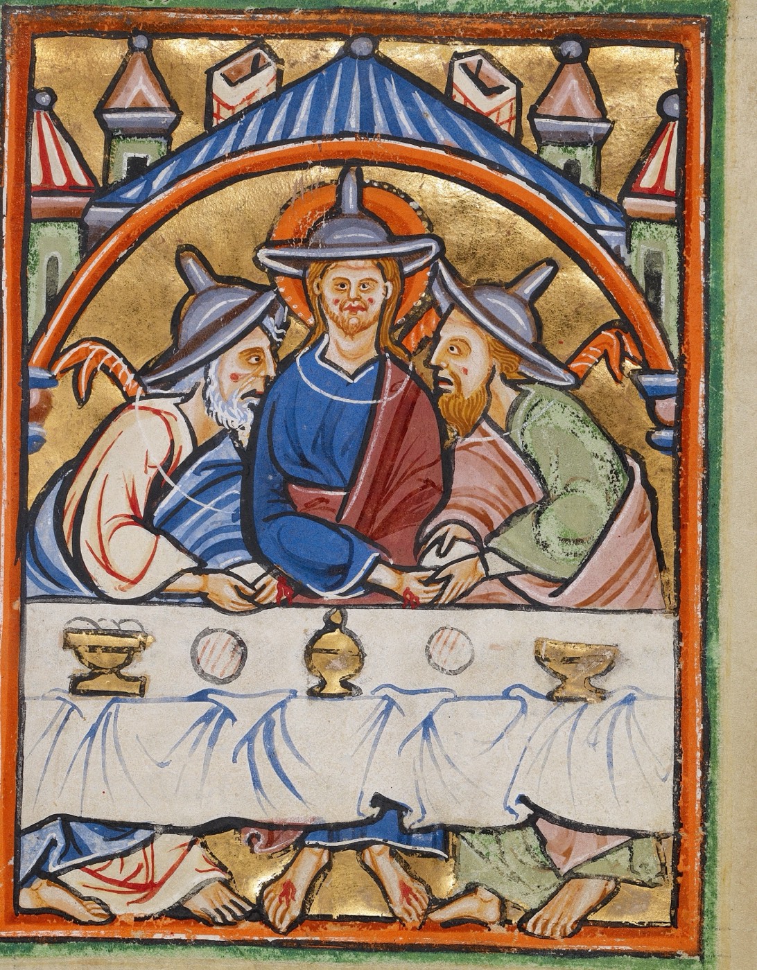 Вечеря в Эммаусе (Ms. 101, л. 87, из иллюстрированного «Жития Христа» с молитвенными дополнениями), Неизвестный английский живописец