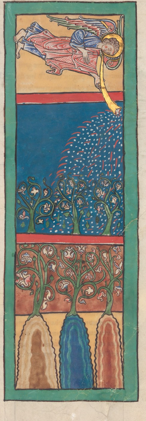 Leaf from a Beatus Manuscript: the First Angel Sounds the Trumpet; Fire, Hail-stones, and Blood are Cast Upon the Earth, Unknown Spanish painter