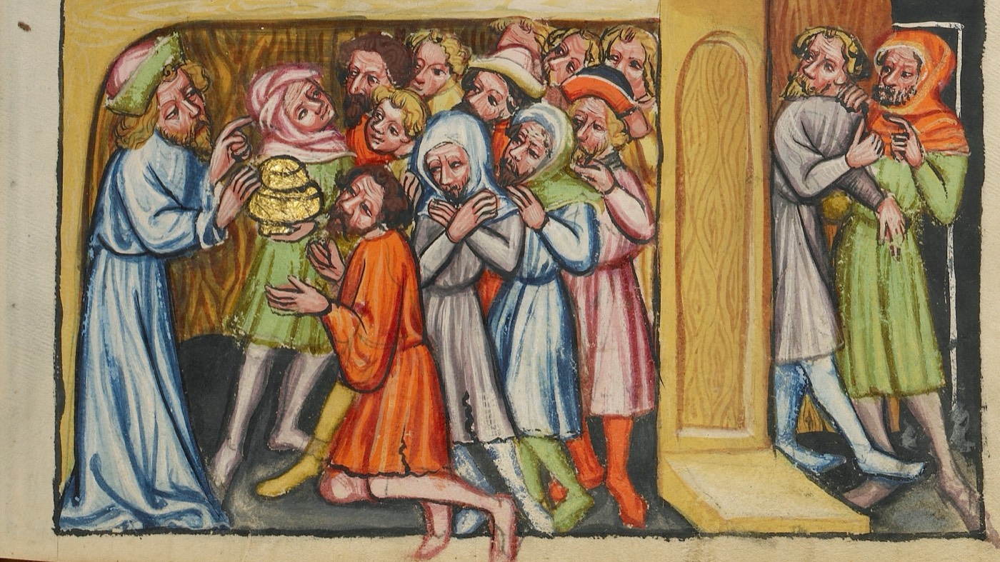 The Silver Cup Discovered; Joseph Reveals His Identity to His Brothers (Ms. 33, fol. 53, from the Weltchronik), Unknown painter, Regensburg