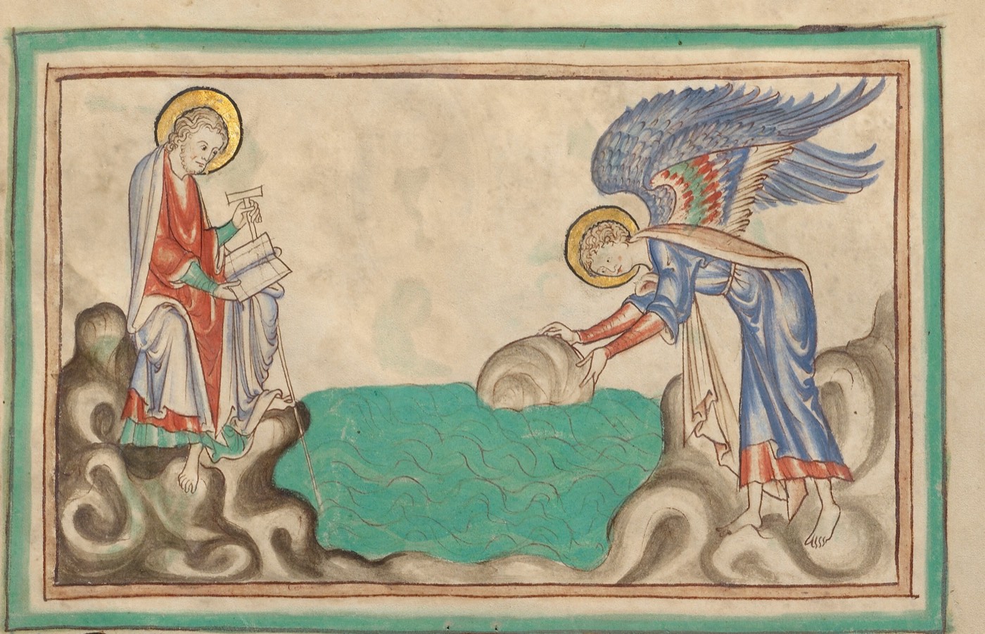 Ангел бросает жёрнов в море (Ms. Ludwig III 1, л. 38, из Апокалипсиса Гетти), Неизвестный английский живописец