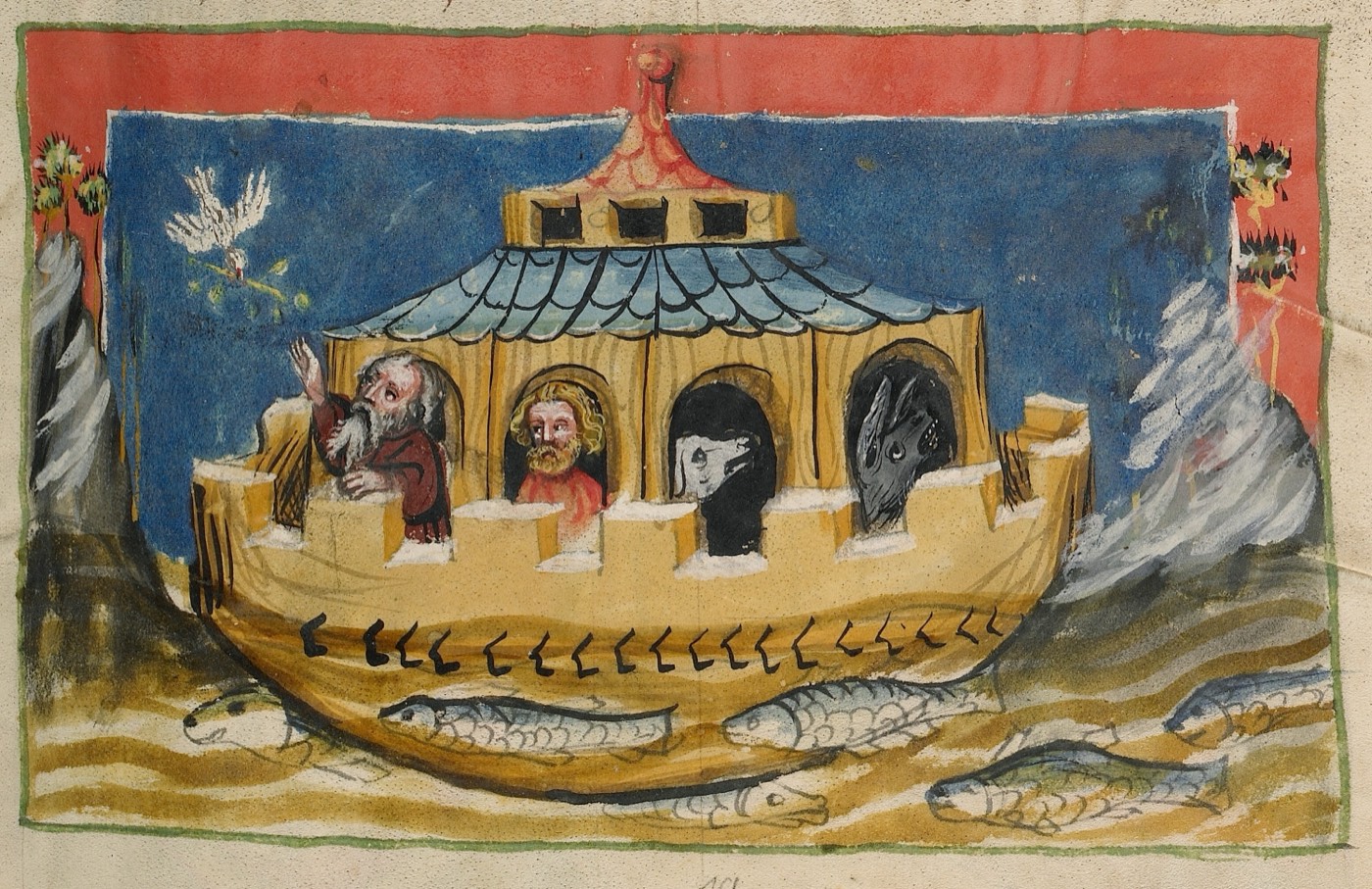 The Deluge; The Dove Returning to the Ark with a Branch of an Olive Tree (Ms. 33, fol. 9, from the Weltchronik), Unknown painter, Regensburg
