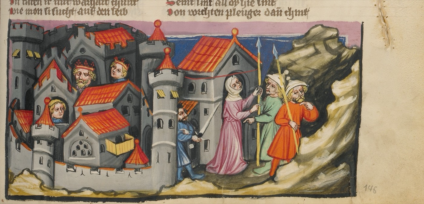 Rahab Hiding the Spies in Jericho (Ms. 33, fol. 114, from the Weltchronik), Unknown painter, Regensburg