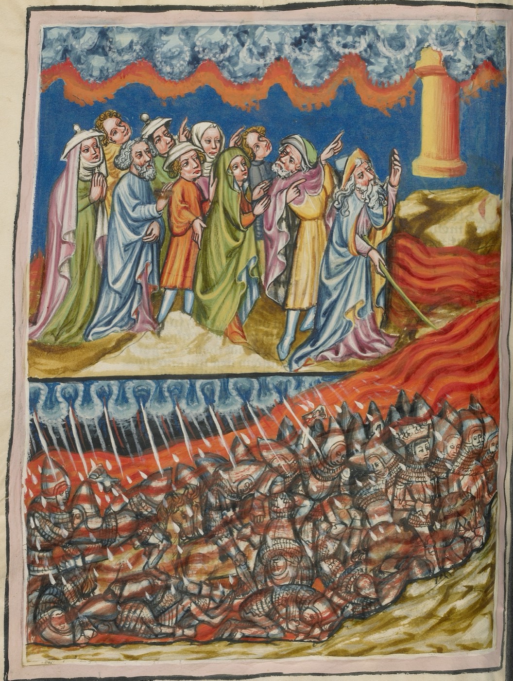 The Crossing of the Red Sea; The Egyptians Engulfed (Ms. 33, fol. 77v, from the Weltchronik), Unknown painter, Regensburg
