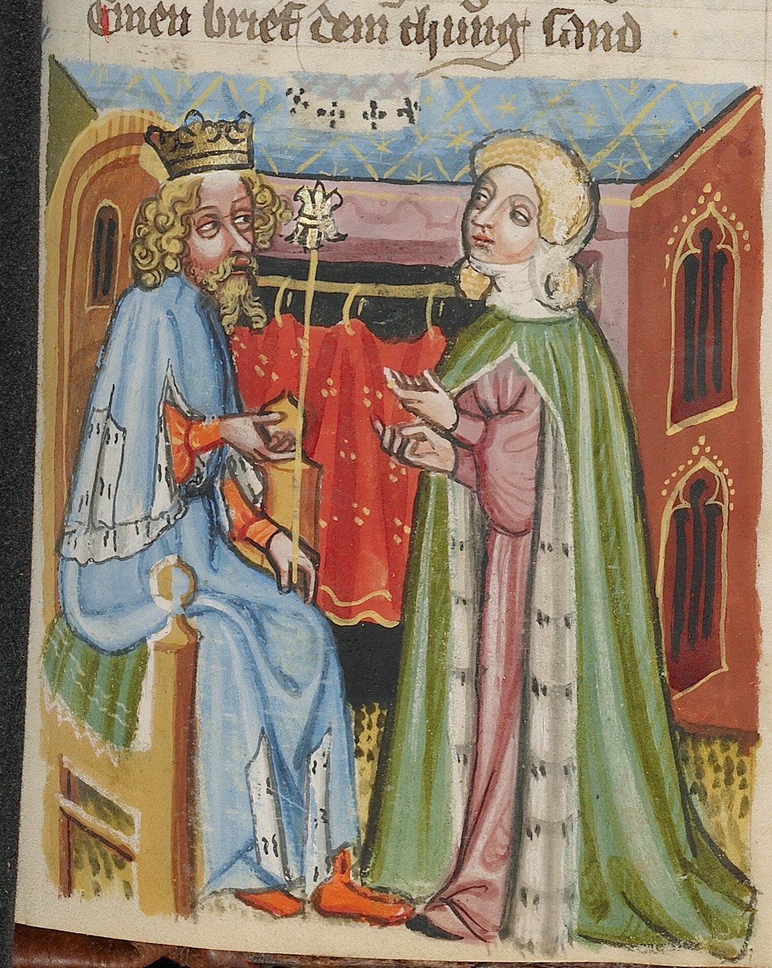 Solomon and the Queen of Sheba; A Messenger Sees Solomon (Ms. 33, fol. 207, from the Weltchronik), Unknown painter, Regensburg