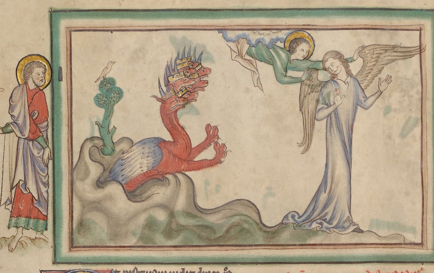 The Dragon Pursues the Woman Clothed in the Sun Who Receives the Wings of an Eagle (Ms. Ludwig III 1, fol. 21v, from the Getty Apocalypse), Unknown English painter