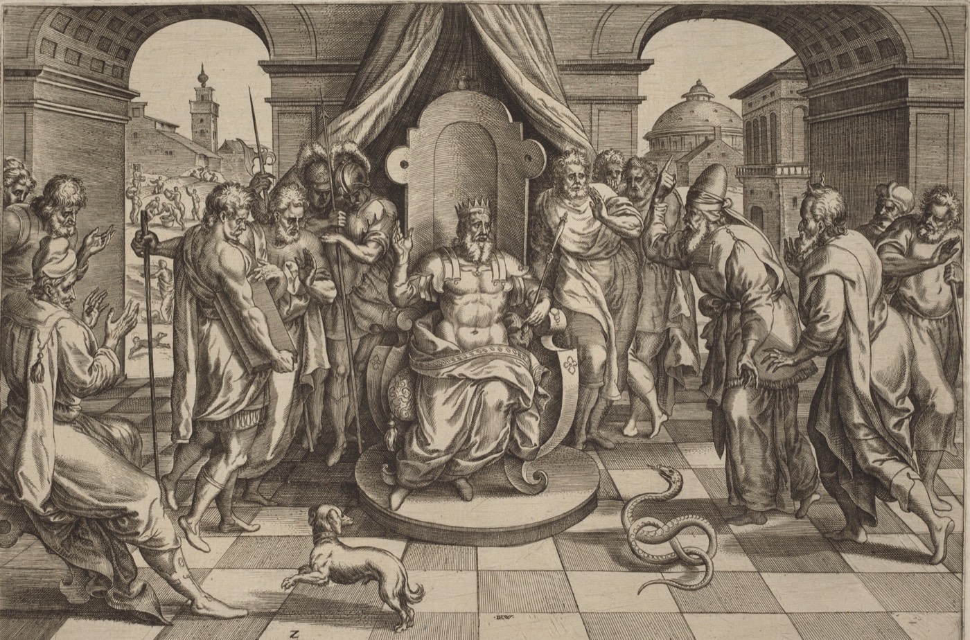 Moses and Aaron before the Pharaoh, Johan Wierix