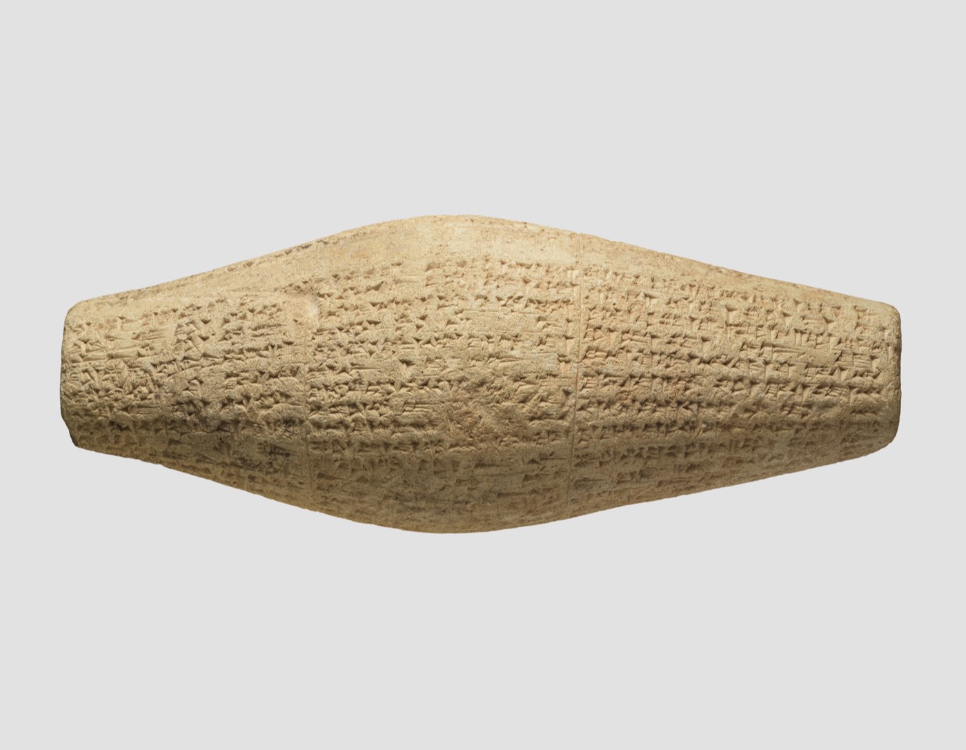 Cuneiform cylinder with inscription of Nebuchadnezzar II, describing the rebuilding of Ebabbar, the temple of the sun-god Shamash at Sippar