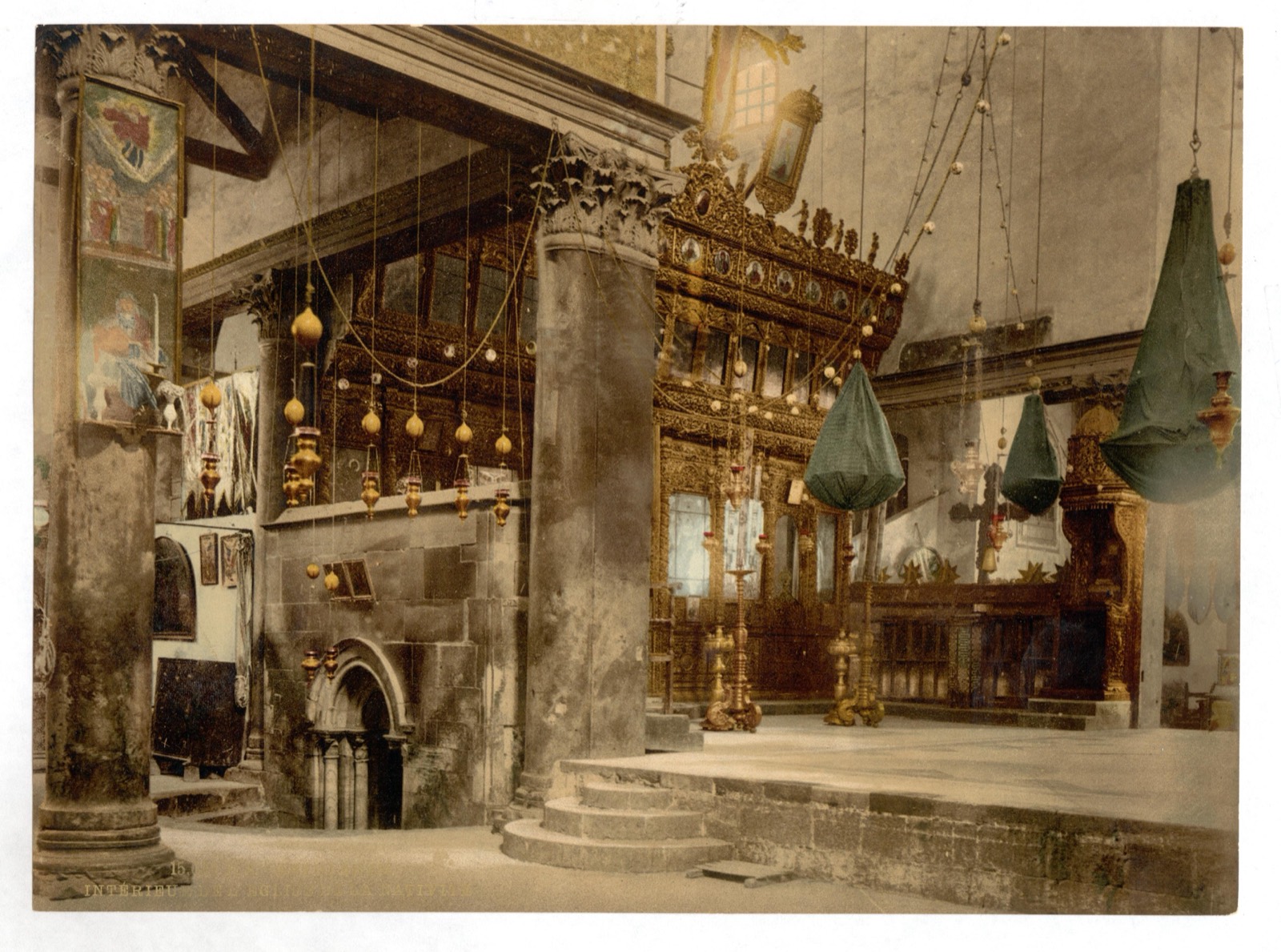 Inside the Church of the Nativity in Bethlehem, c. 1890–1900.