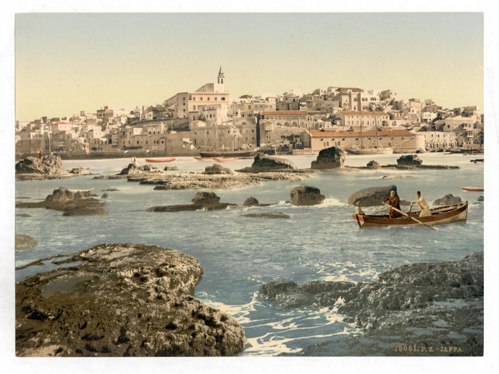 Jaffa (Joppa) seen from the sea, over the rocks of its harbor, c. 1890–1900.