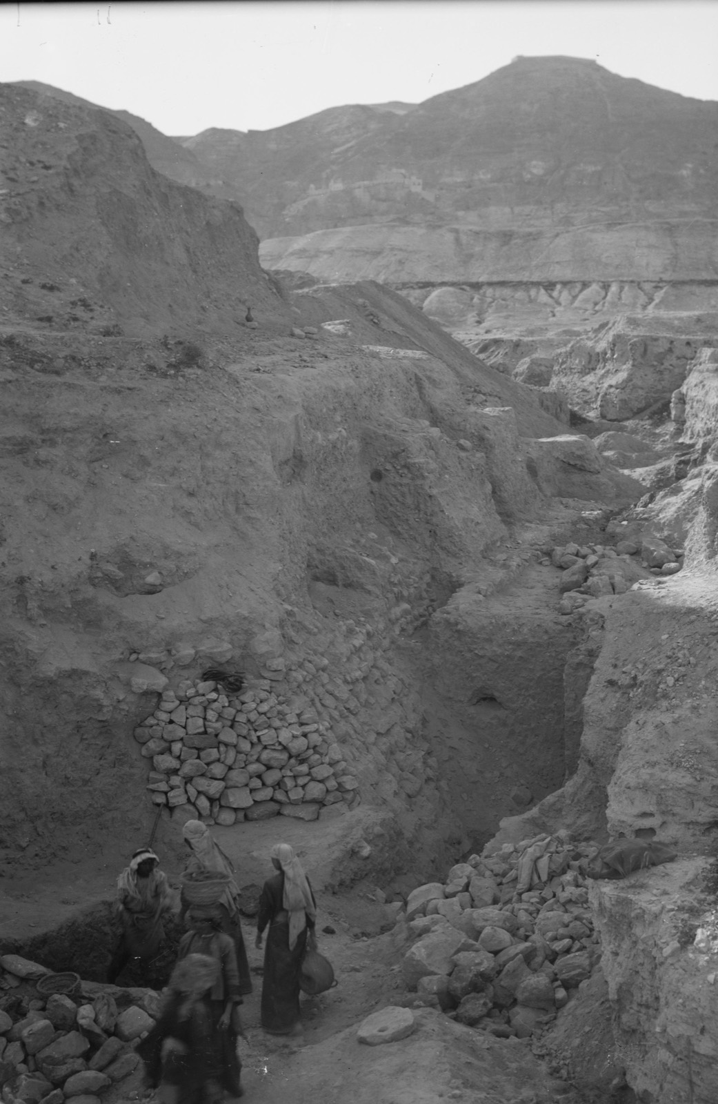 Ancient Jericho excavation. The city wall showing Mt. Temptation