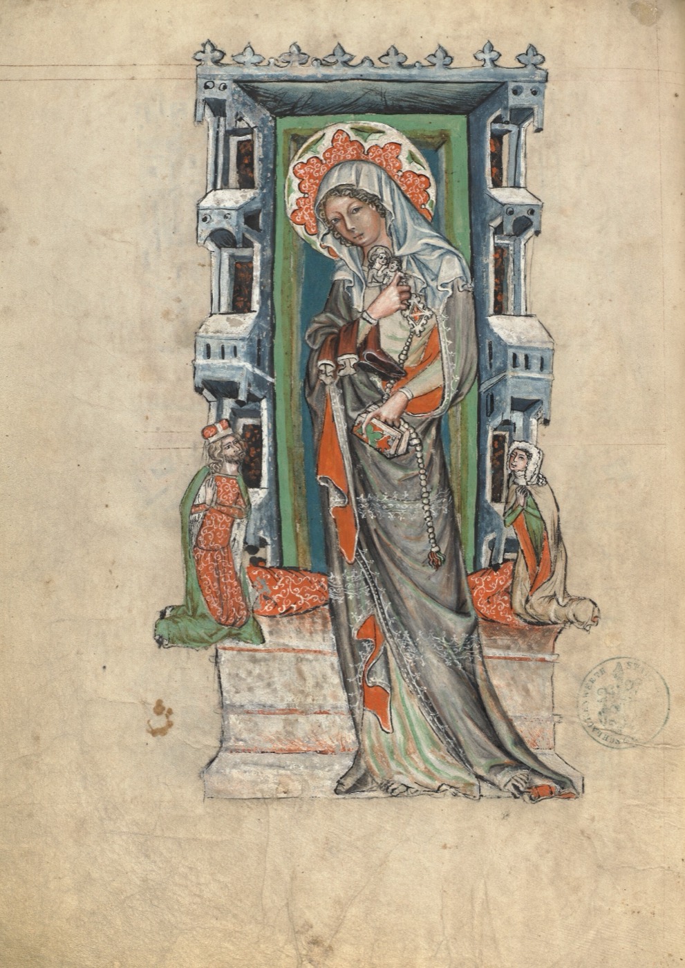 Saint Hedwig of Silesia with Duke Ludwig I of Liegnitz and Brieg and Duchess Agnes (Ms. Ludwig XI 7 (83.MN.126), fol. 12v)